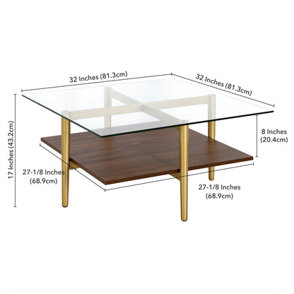 32" Brown And Gold Glass And Steel Square Coffee Table With Shelf