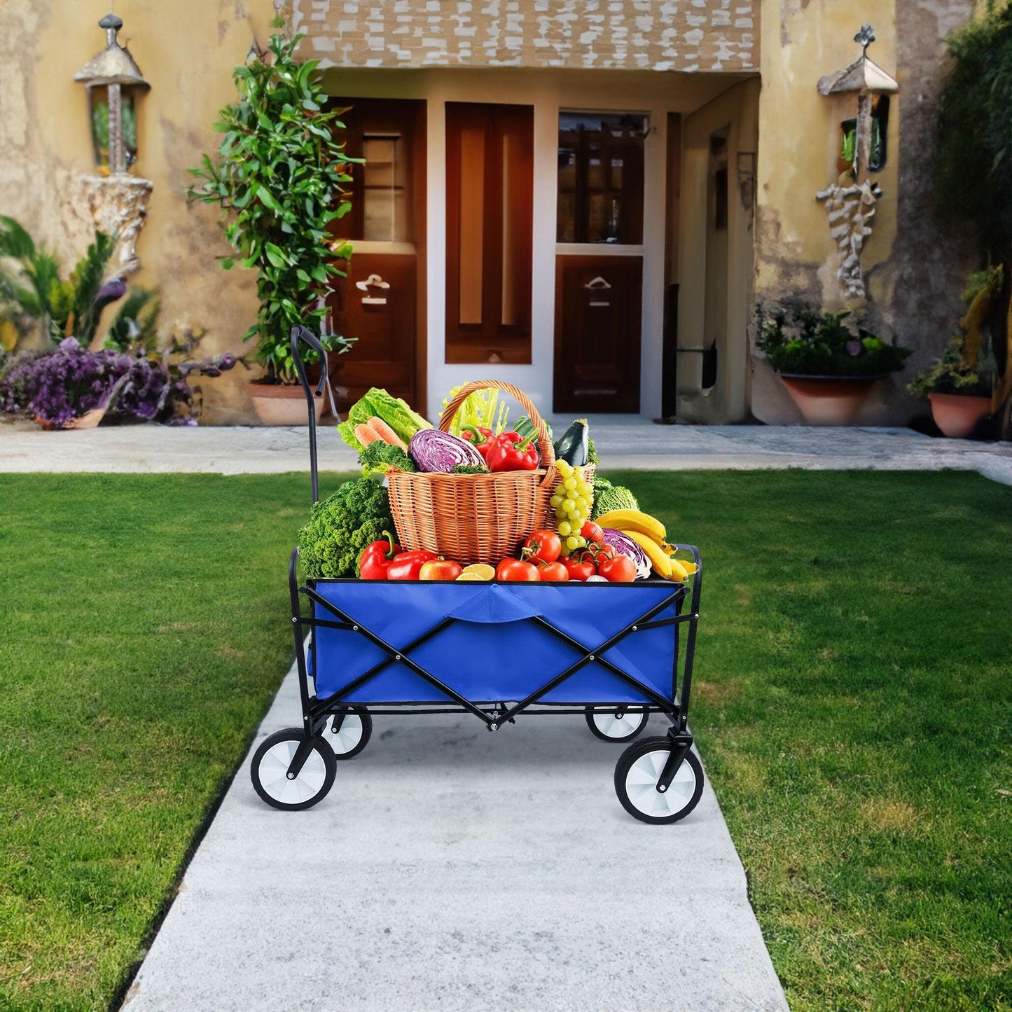 Folding Wagon Garden Shopping Beach Cart (Blue) - FurniFindUSA