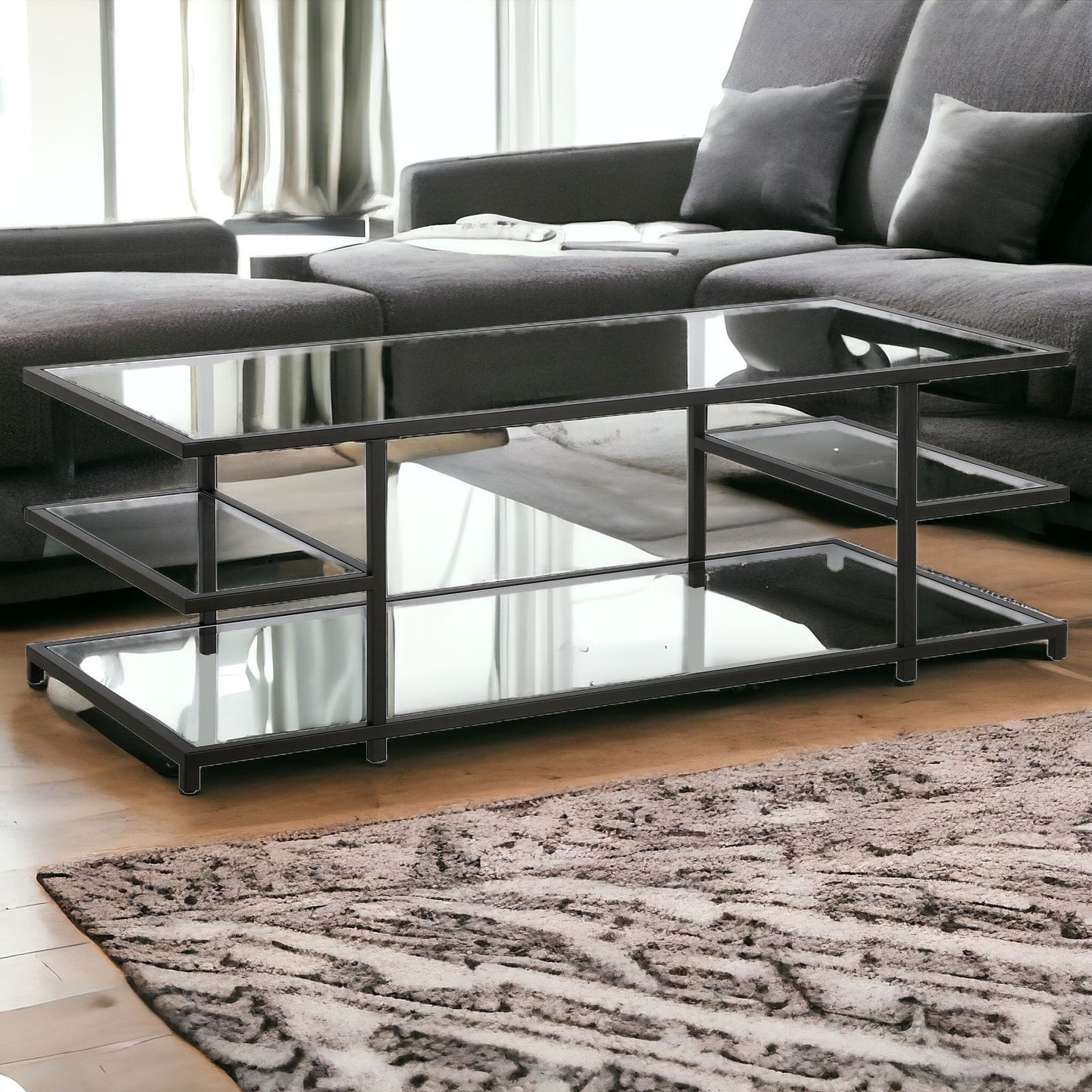 54" Black Glass And Steel Coffee Table With Three Shelves