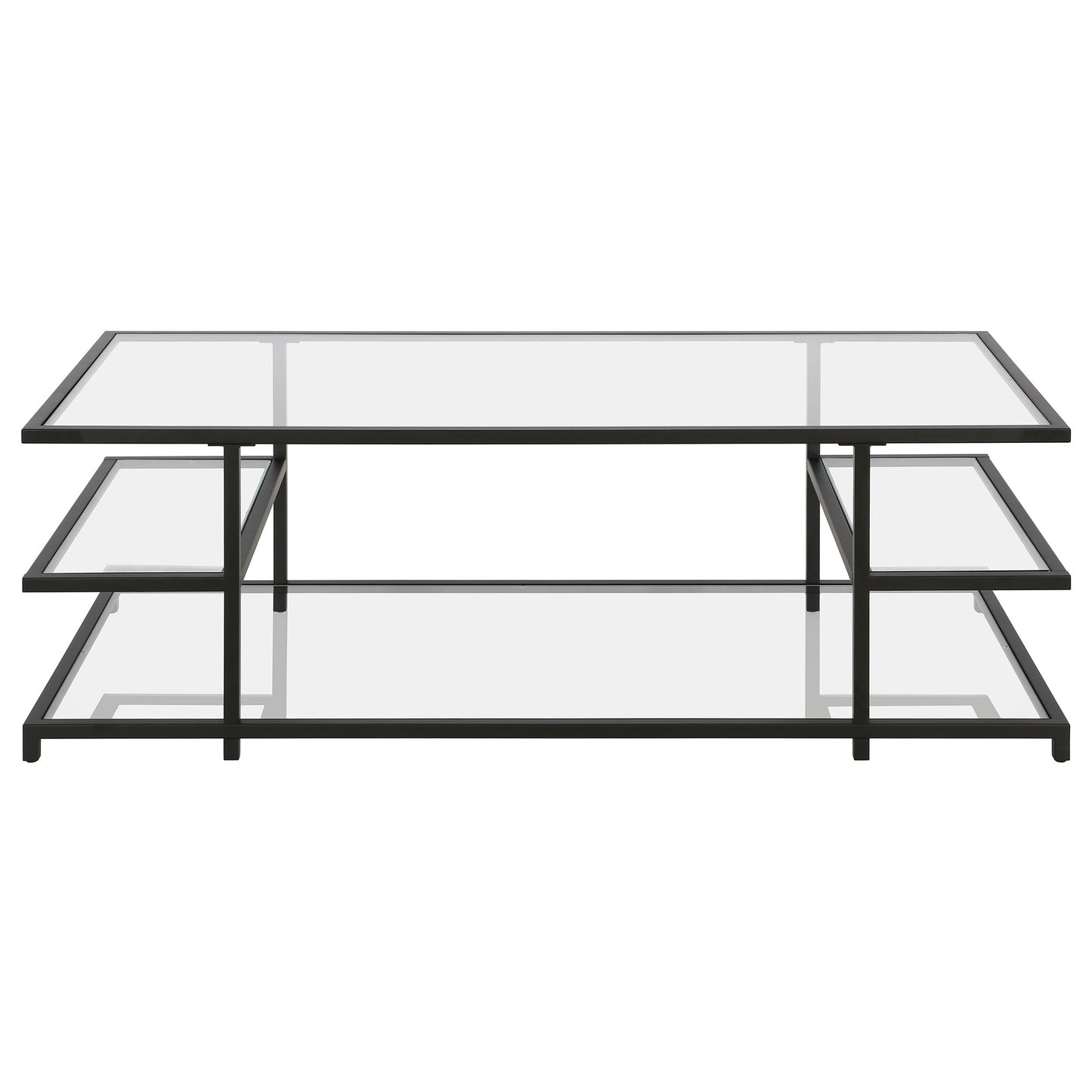 54" Black Glass And Steel Coffee Table With Three Shelves