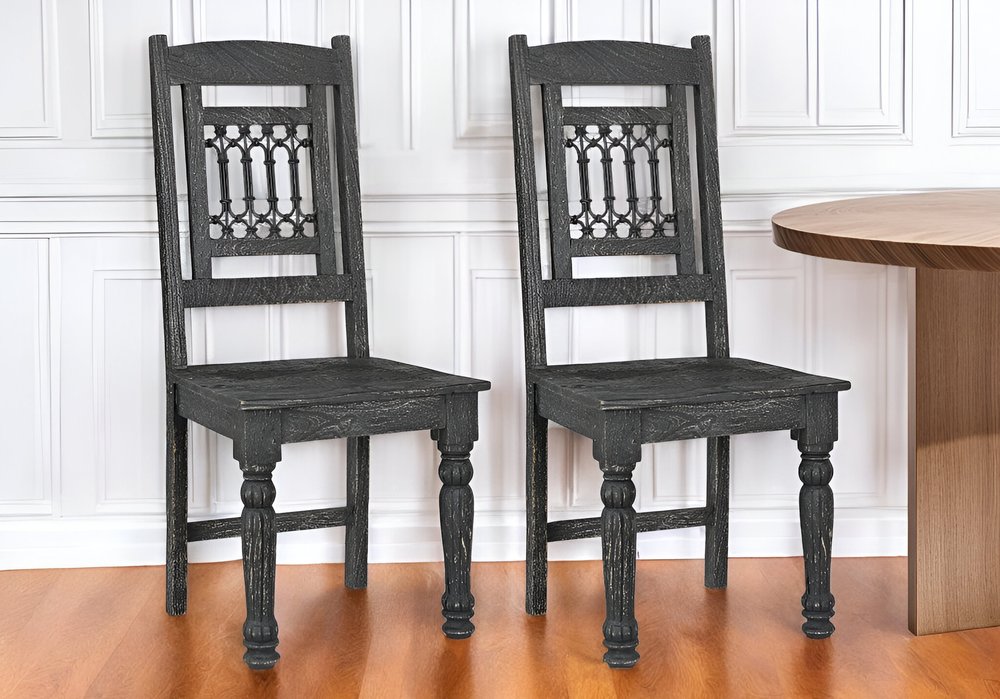 Set of Two Black Wood Slat Back Dining Side Chairs HomeRoots