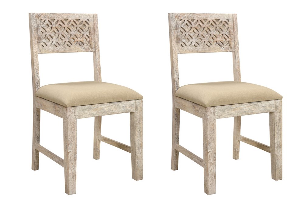 Set of Two Brown And White Upholstered Fabric Carved Back Dining Side Chairs HomeRoots