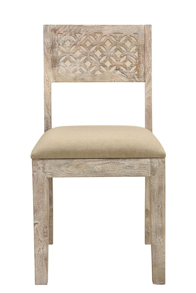Set of Two Brown And White Upholstered Fabric Carved Back Dining Side Chairs HomeRoots