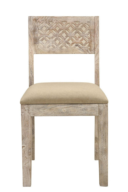 Set of Two Brown And White Upholstered Fabric Carved Back Dining Side Chairs HomeRoots
