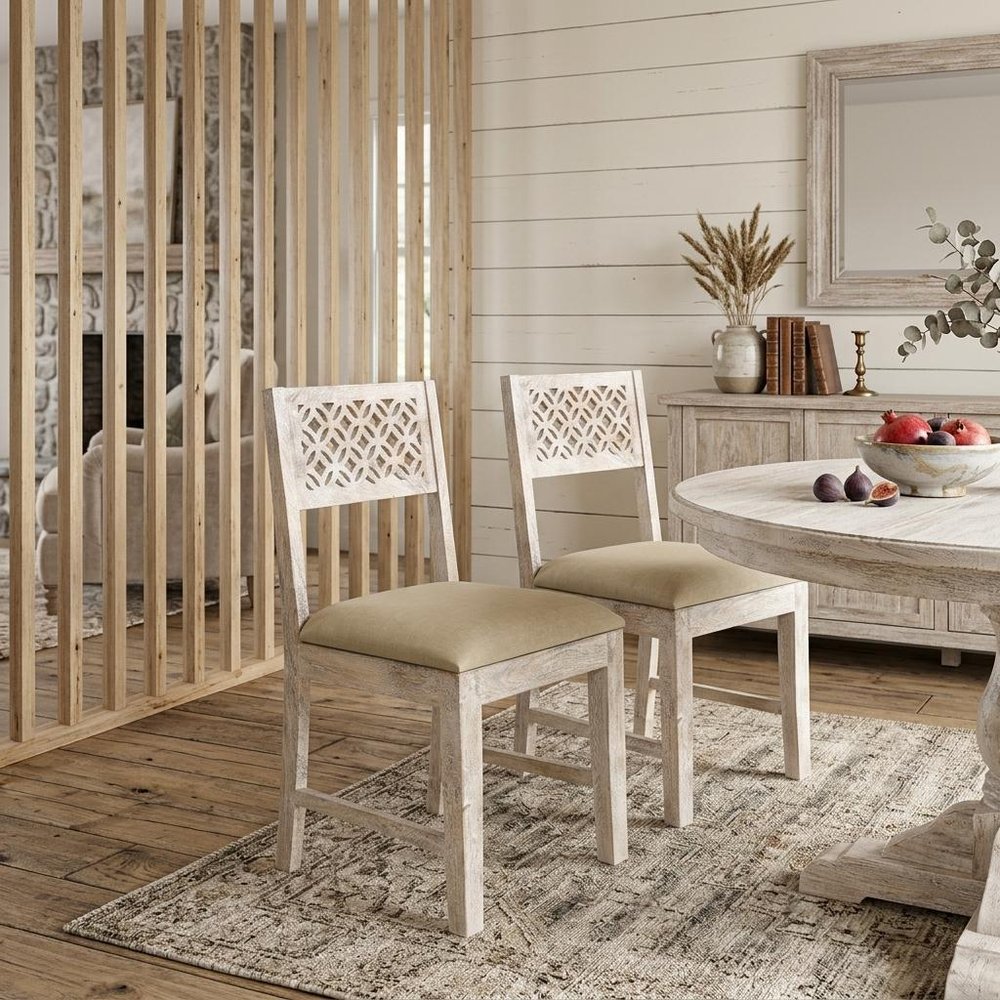 Set of Two Brown And White Upholstered Fabric Carved Back Dining Side Chairs HomeRoots