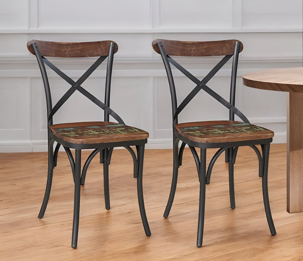 Set of Two Brown And Black Metal And Wood Cross Back Dining Side Chairs HomeRoots
