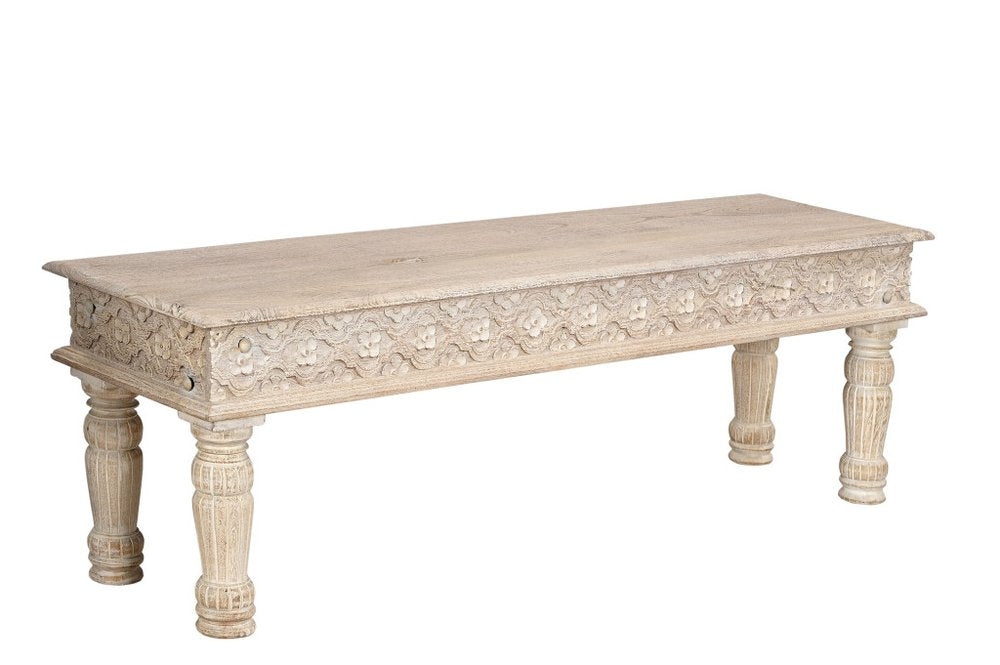 58" White Floral Distressed Solid Wood Dining Bench — view 3