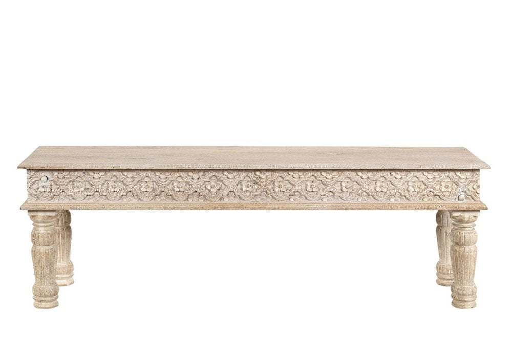 58" White Floral Distressed Solid Wood Dining Bench HomeRoots