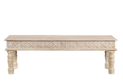 58" White Floral Distressed Wood And Solid Wood Dining Bench