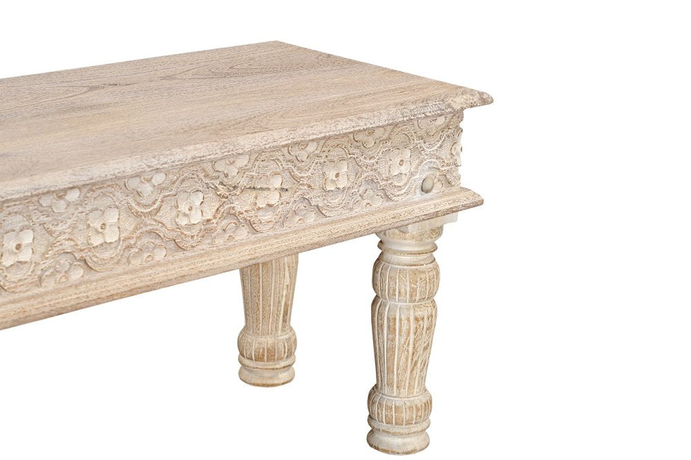 58" White Floral Distressed Solid Wood Dining Bench — view 5