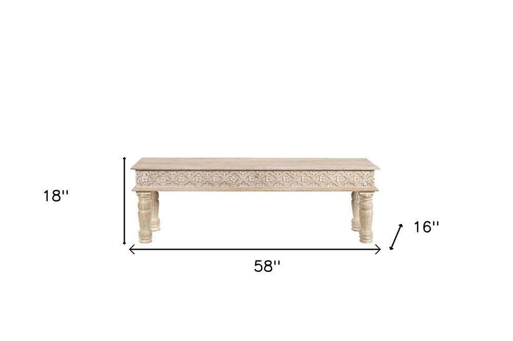 58" White Floral Distressed Wood And Solid Wood Dining Bench