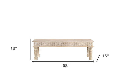58" White Floral Distressed Wood And Solid Wood Dining Bench