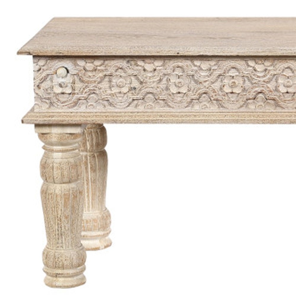 58" White Floral Distressed Wood And Solid Wood Dining Bench — view 7