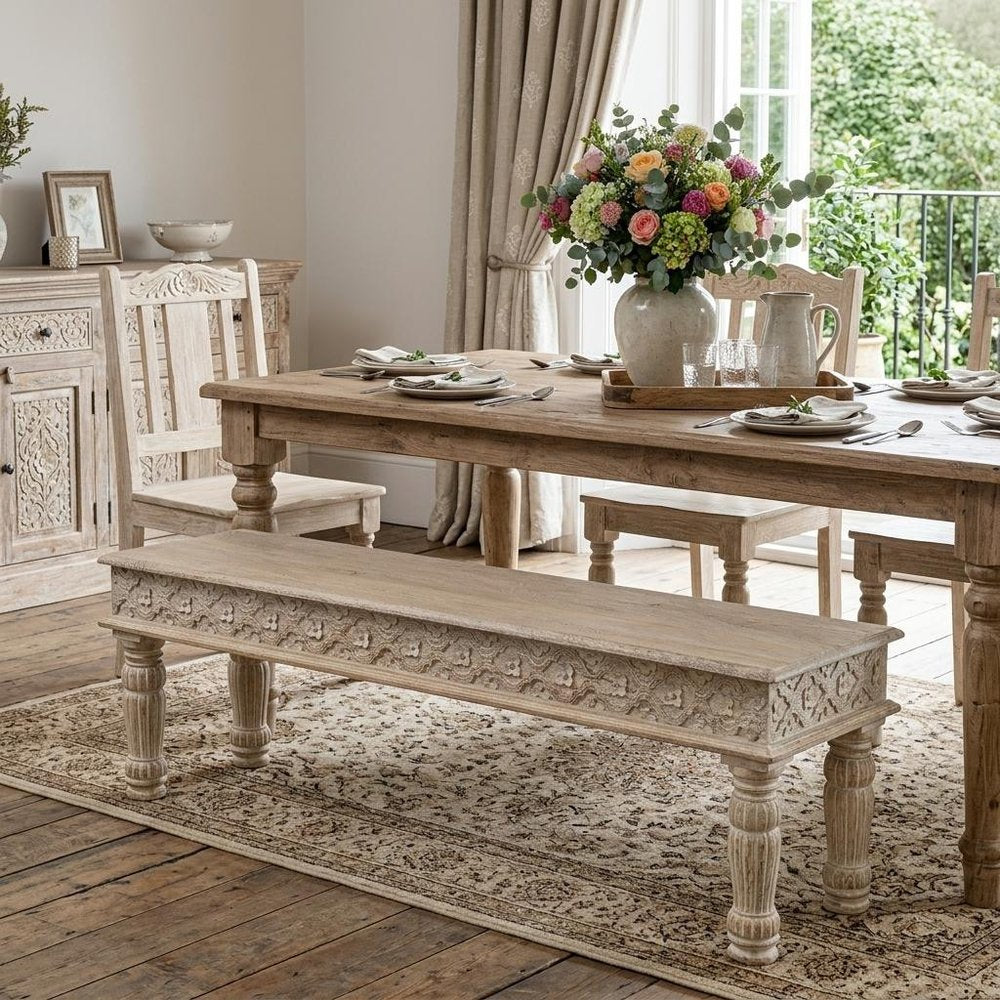 58" White Floral Distressed Solid Wood Dining Bench HomeRoots
