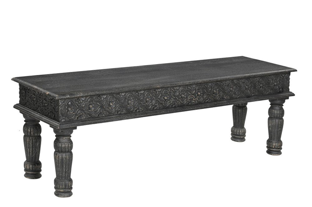 58" Black Floral Distressed Solid Wood Dining Bench HomeRoots