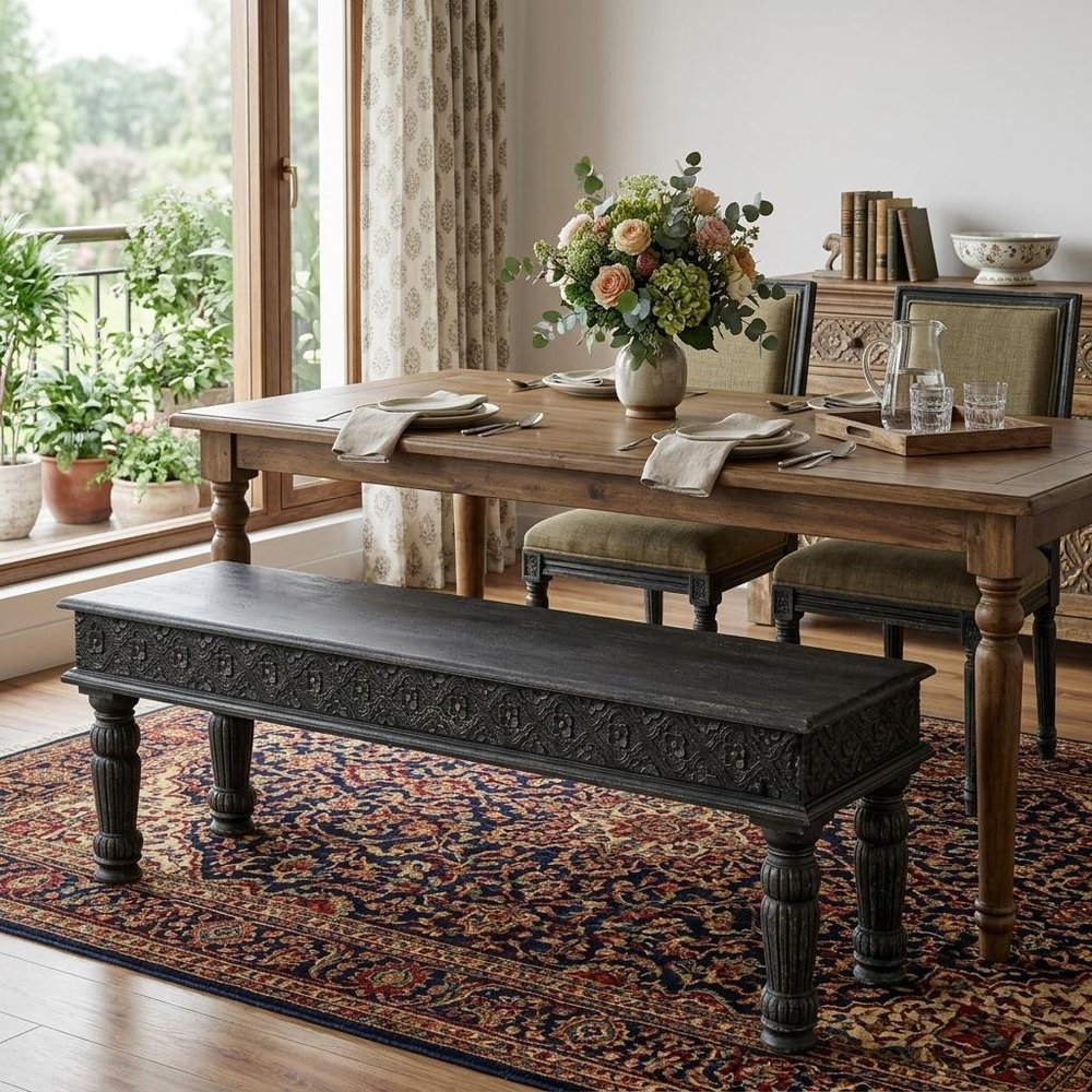 58" Black Floral Distressed Solid Wood Dining Bench HomeRoots
