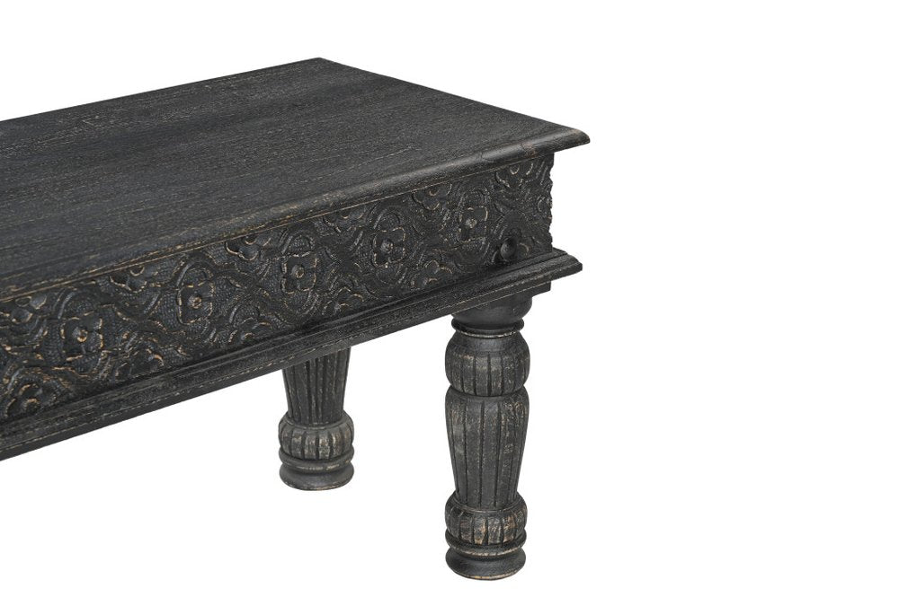 58" Black Floral Distressed Solid Wood Dining Bench — view 4