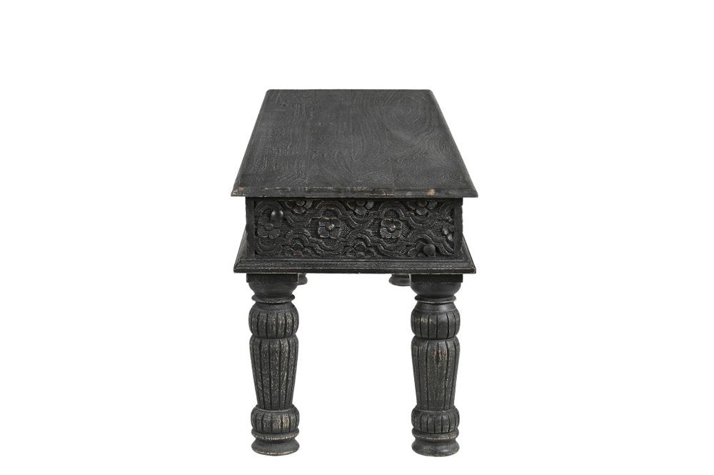 58" Black Floral Distressed Solid Wood Dining Bench — view 3