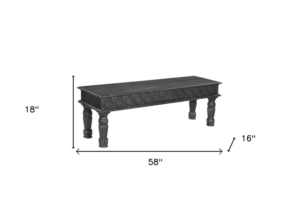 58" Black Floral Distressed Solid Wood Dining Bench HomeRoots