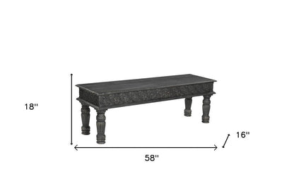 58" Black Floral Distressed Solid Wood Dining Bench HomeRoots