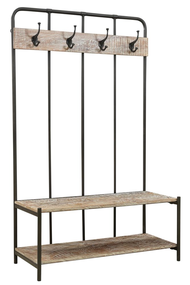 71" Black And Brown Metal And Solid Wood Four Hooks Freestanding Coat Rack HomeRoots