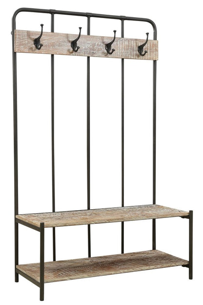 71" Black And Brown Metal And Solid Wood Four Hooks Freestanding Coat Rack HomeRoots