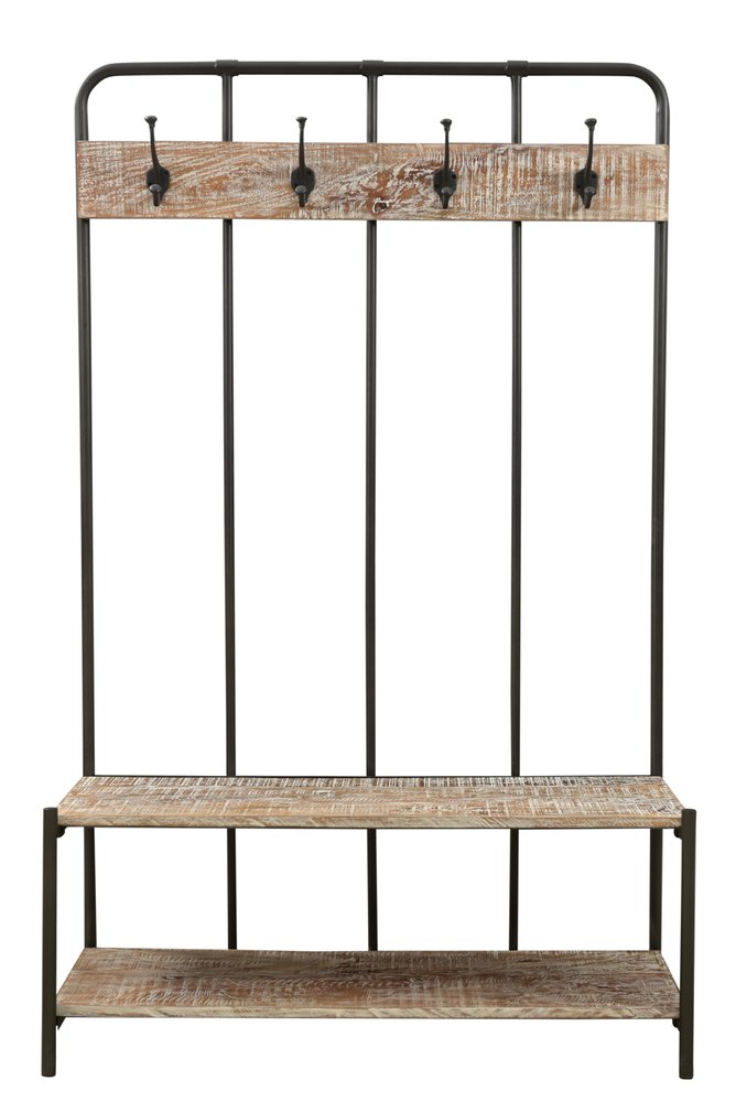 71" Black And Brown Metal And Solid Wood Four Hooks Freestanding Coat Rack HomeRoots