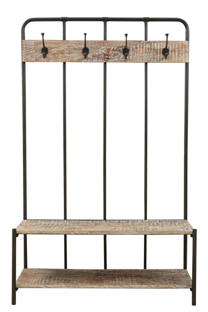 71" Black And Brown Metal And Solid Wood Four Hooks Freestanding Coat Rack HomeRoots