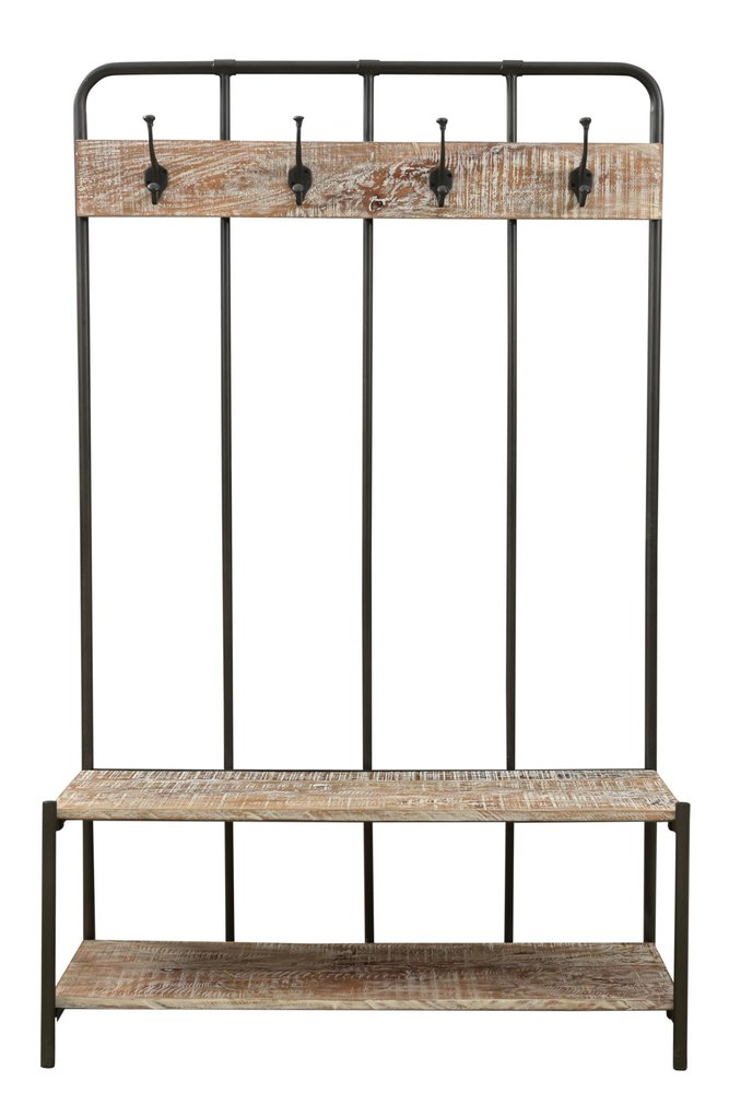 71" Black And Brown Metal And Solid Wood Four Hooks Freestanding Coat Rack HomeRoots