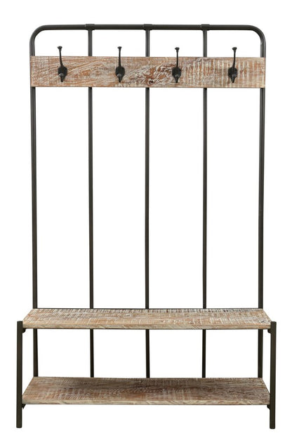 71" Black And Brown Metal And Solid Wood Four Hooks Freestanding Coat Rack HomeRoots