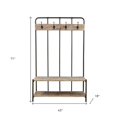 71" Black And Brown Metal And Solid Wood Four Hooks Freestanding Coat Rack HomeRoots