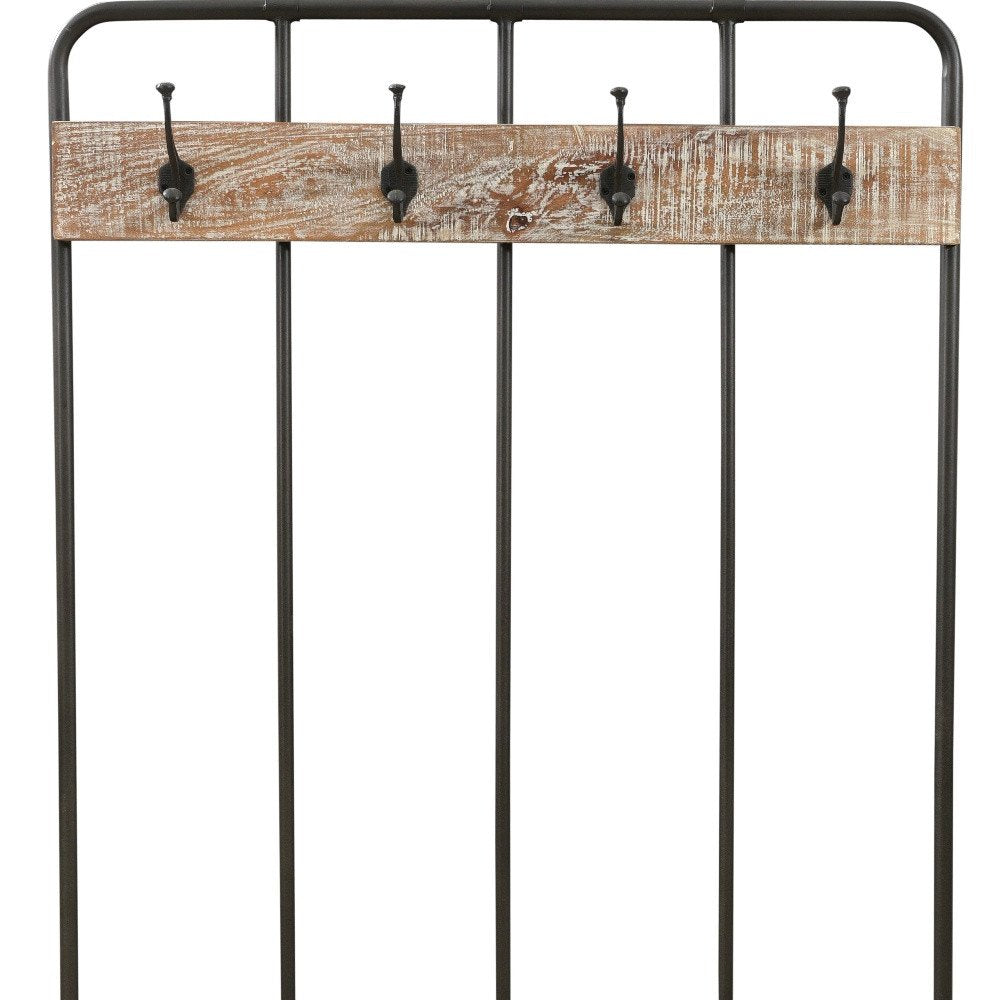 71" Black And Brown Metal And Solid Wood Four Hooks Freestanding Coat Rack HomeRoots
