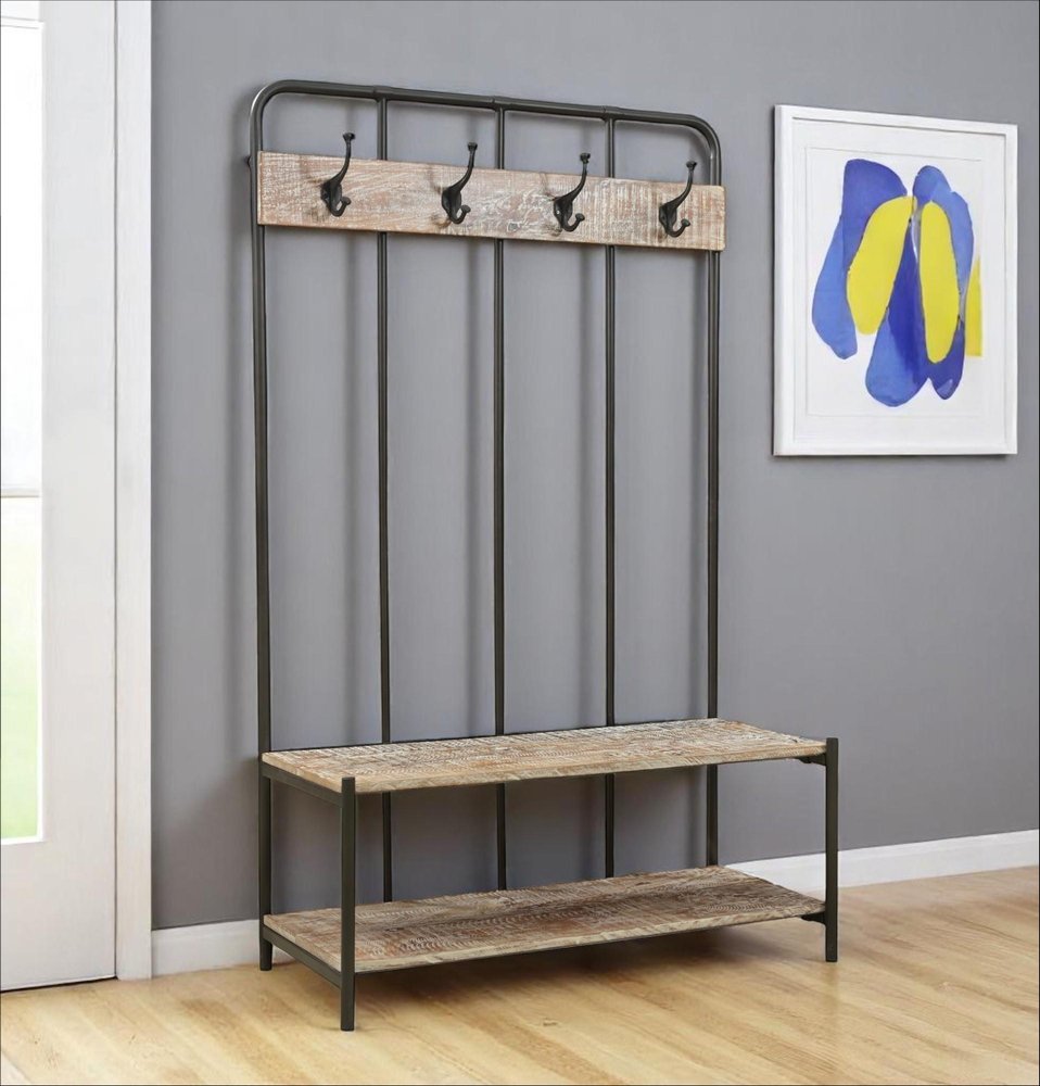 71" Black And Brown Metal And Solid Wood Four Hooks Freestanding Coat Rack HomeRoots