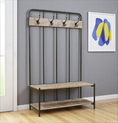 71" Black And Brown Metal And Solid Wood Four Hooks Freestanding Coat Rack HomeRoots