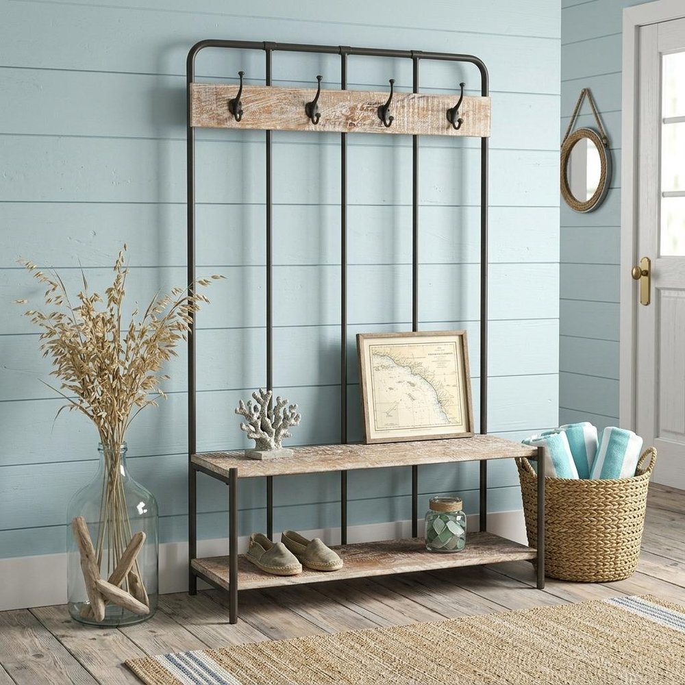 71" Black And Brown Metal And Solid Wood Four Hooks Freestanding Coat Rack HomeRoots