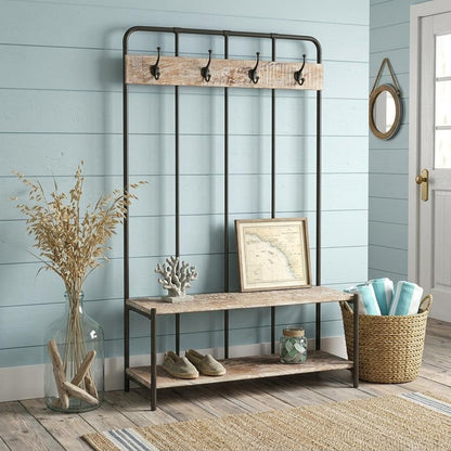 71" Black And Brown Metal And Solid Wood Four Hooks Freestanding Coat Rack HomeRoots