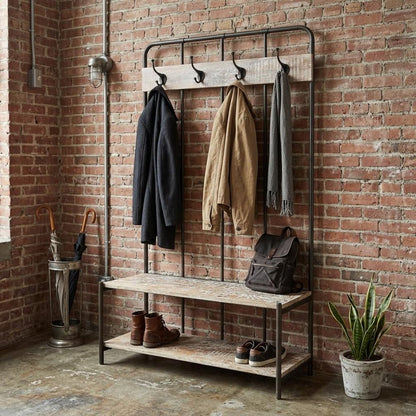 71" Black And Brown Metal And Solid Wood Four Hooks Freestanding Coat Rack