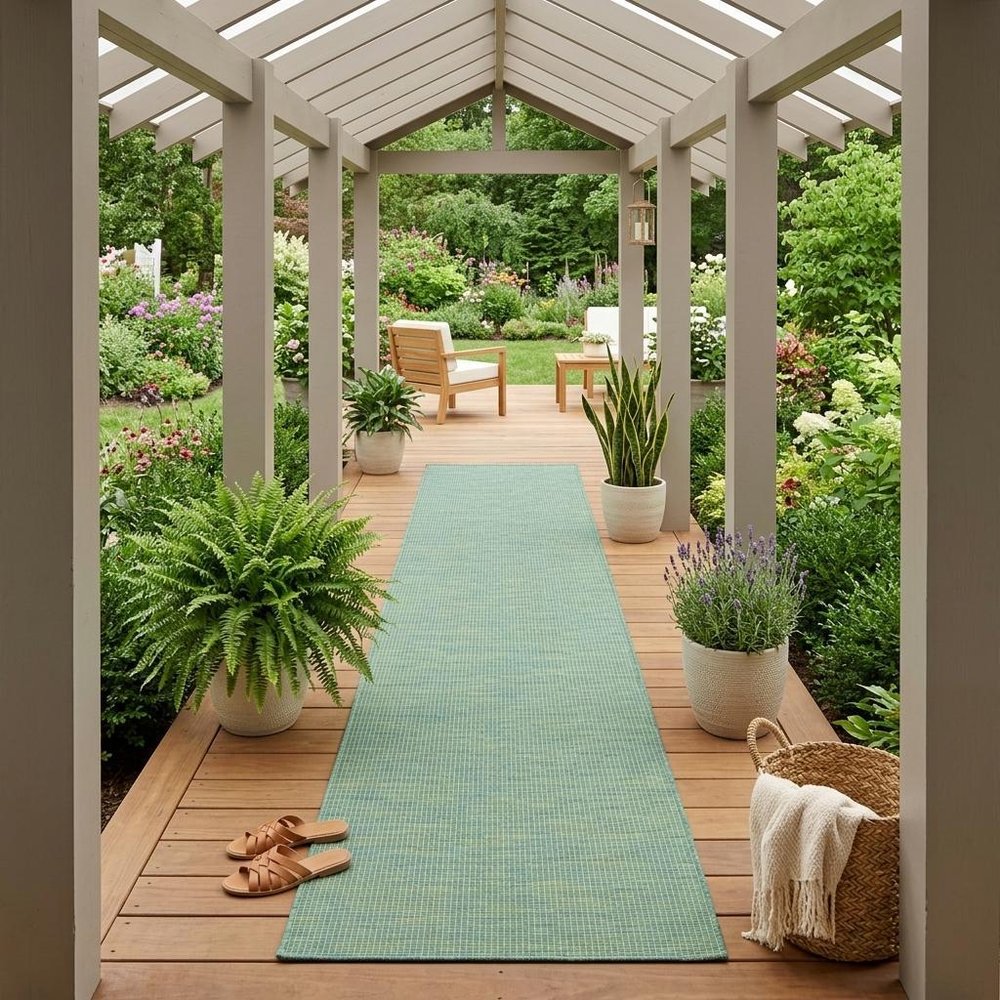 10' Blue and Green Power Loom Indoor Outdoor Runner Rug — view 8
