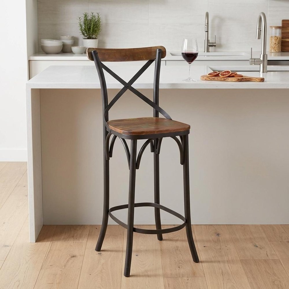 Set of Two 30" Brown And Black Solid Wood And Metal Counter Height Bar Chairs HomeRoots