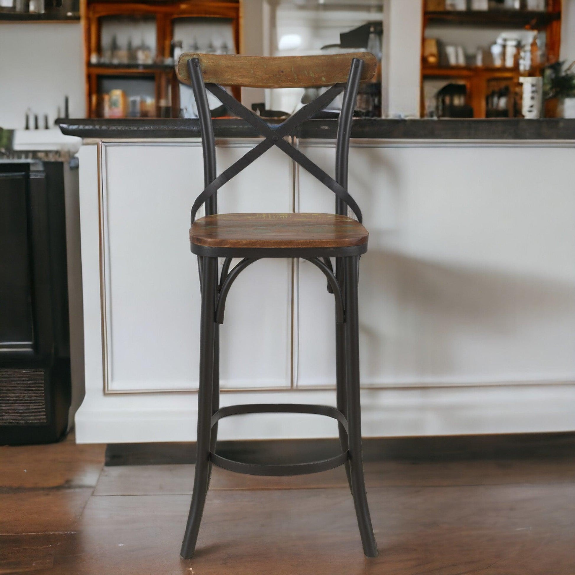 30" Brown And Black Metal Counter Height Bar Chair - FurniFindUSA