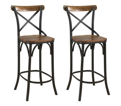 Set of Two 30" Brown And Black Solid Wood And Metal Counter Height Bar Chairs HomeRoots