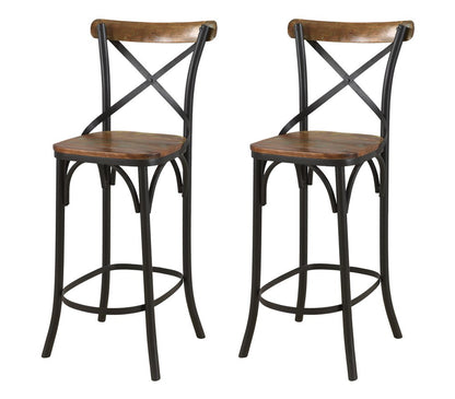 Set of Two 30" Brown And Black Solid Wood And Metal Counter Height Bar Chairs HomeRoots