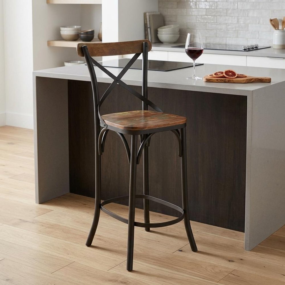 Set of Two 30" Brown And Black Solid Wood And Metal Counter Height Bar Chairs HomeRoots