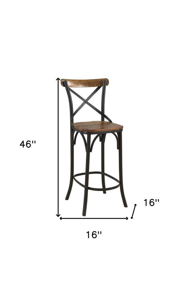 Set of Two 30" Brown And Black Solid Wood And Metal Counter Height Bar Chairs HomeRoots