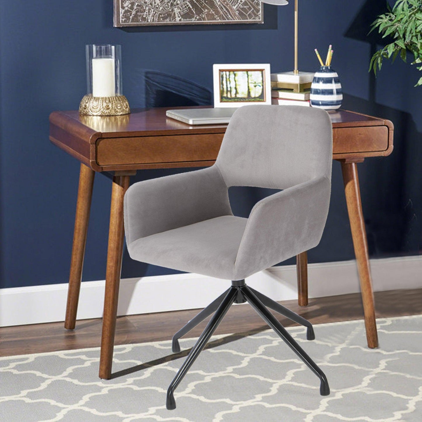 Gray Velvet Upholstered Swivel Office Chair - FurniFindUSA