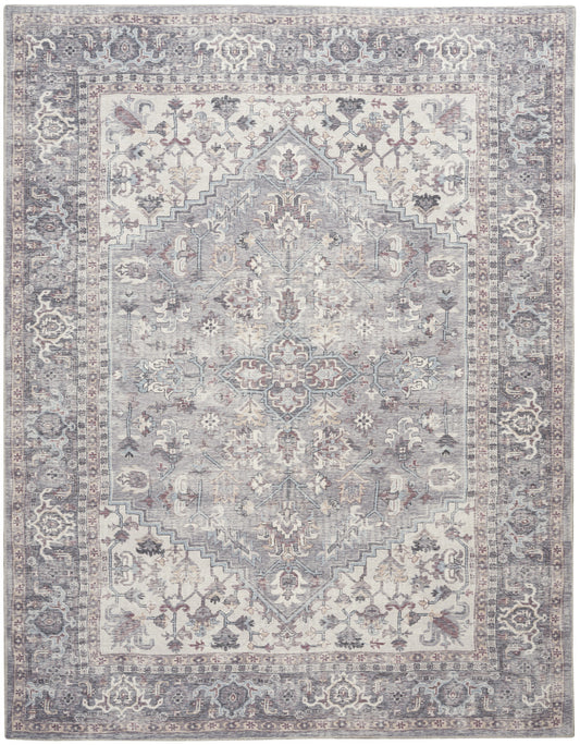 9' X 12' Gray Floral Power Loom Distressed Area Rug - 110.0" (H) x 144.0" (W) x 0.28" (D)