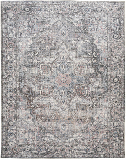 9' X 12' Gray Floral Power Loom Distressed Washable Area Rug - 110.0" (H) x 144.0" (W) x 0.28" (D)