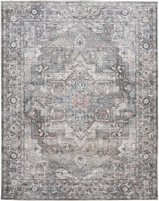 9' X 12' Gray Floral Power Loom Distressed Washable Area Rug - 110.0" (H) x 144.0" (W) x 0.28" (D)