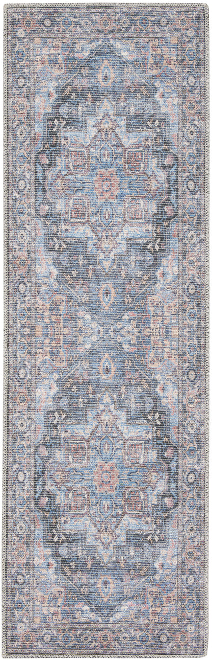 10' Blue Floral Power Loom Distressed Washable Runner Rug - 32.0" (L) x 120.0" (W) x 0.8" (H)