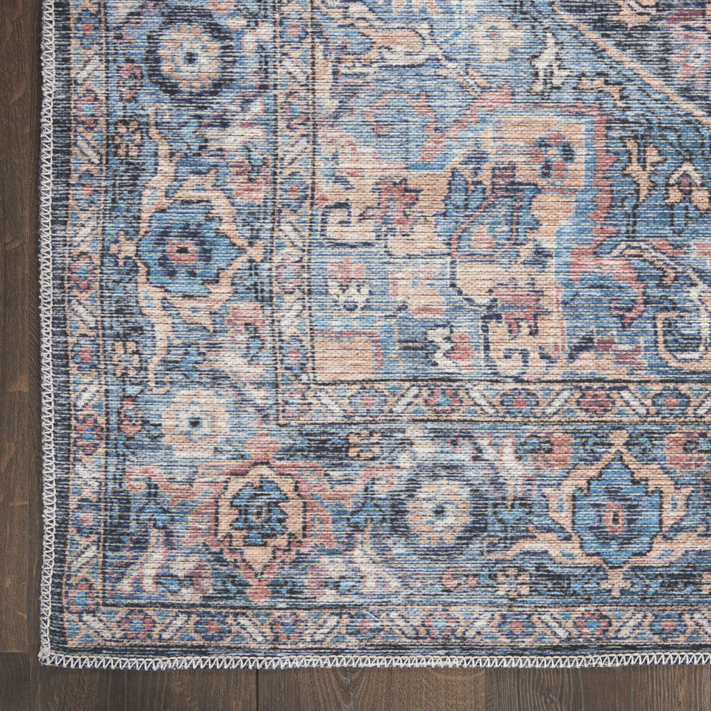 10' Blue Floral Power Loom Distressed Washable Runner Rug - 32.0" (L) x 120.0" (W) x 0.8" (H)